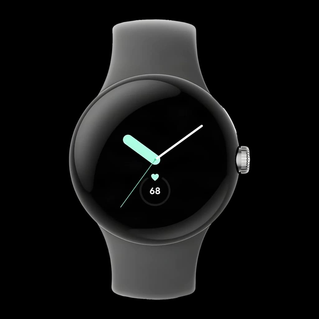 Google Pixel Watch LTE 41 mm argenté brillant avec écran circulaire noir, cadran minimal turquoise et blanc, boîtier arrondi, bracelet Gris Charbon