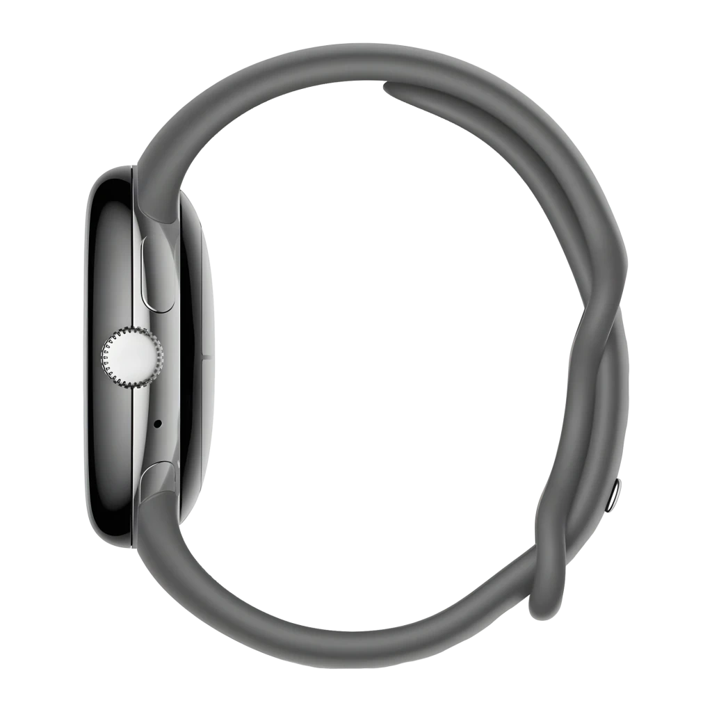 Google Pixel Watch LTE 41 mm en plata pulida con pantalla circular negra, borde metálico y corona lateral, correa de silicona gris carbón, indicador de ritmo - Ítem4