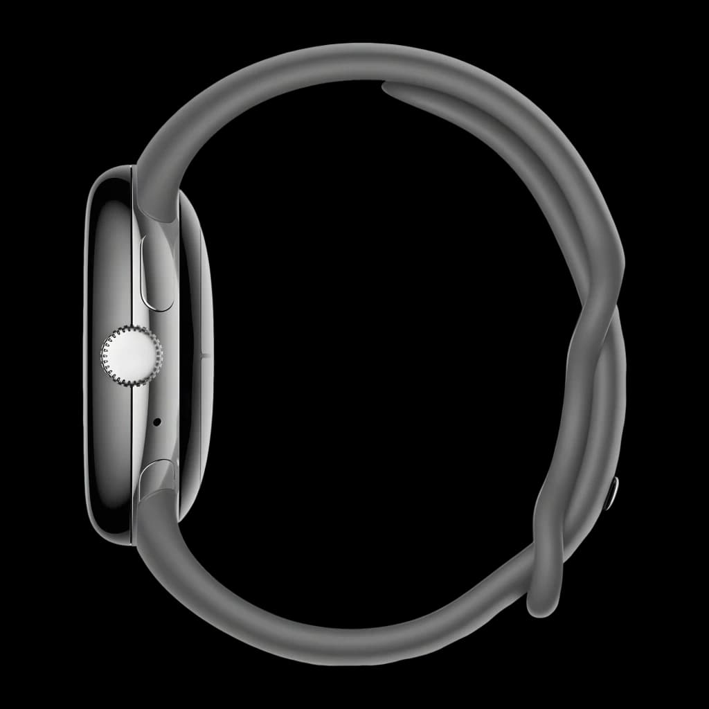 Google Pixel Watch LTE 41 mm argenté brillant, profil fin avec couronne latérale, boîtier poli, bracelet Gris Charbon souple et ajustable