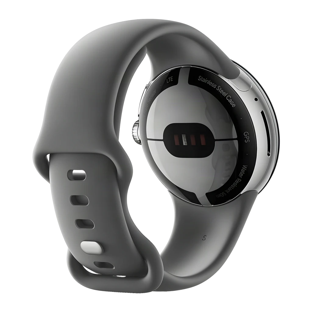 Google Pixel Watch LTE 41 mm en plata pulida con pantalla circular negra, borde metálico y corona lateral, correa de silicona gris carbón, indicador de ritmo - Ítem2