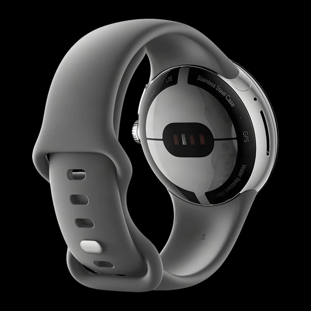 Google Pixel Watch LTE 41 mm argenté brillant, boîtier acier inox, capteurs ECG au dos, couronne latérale, bracelet Gris Charbon souple avec fermoir