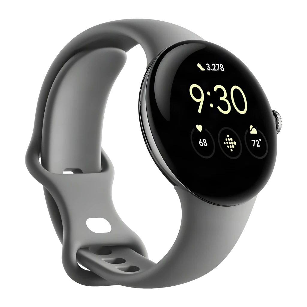 Google Pixel Watch LTE 41 mm en plata pulida con pantalla circular negra, borde metálico y corona lateral, correa de silicona gris carbón, indicador de ritmo - Ítem1