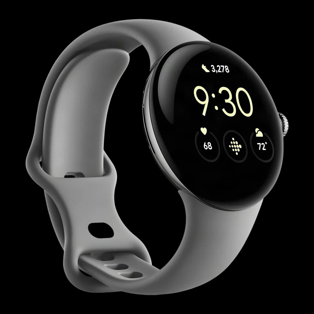 Montre connectée ronde argenté brillant 41 mm avec écran noir lumineux, cadran minimal, boîtier lisse et bracelet Gris Charbon en silicone perforé