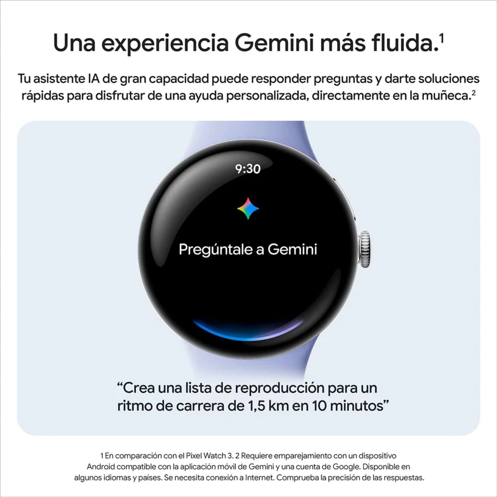 Google Pixel Watch LTE 41 mm argenté brillant, écran rond OLED noir, couronne latérale, texte multicolore demandant à Gemini, bracelet Chalk clair, ECG et