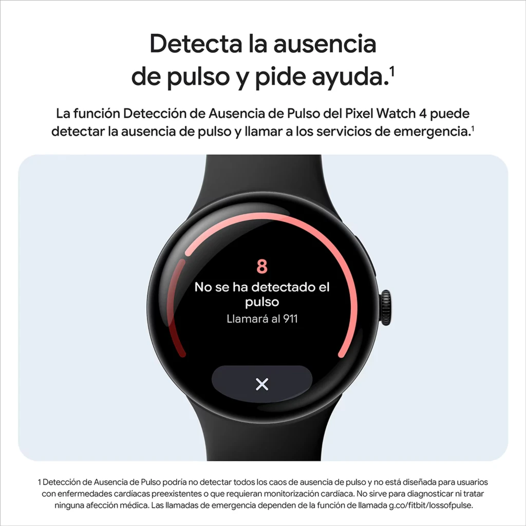 Google Pixel Watch LTE 41 mm en plata pulida con pantalla circular negra, borde metálico y corona lateral, correa de silicona gris carbón, indicador de ritmo - Ítem7
