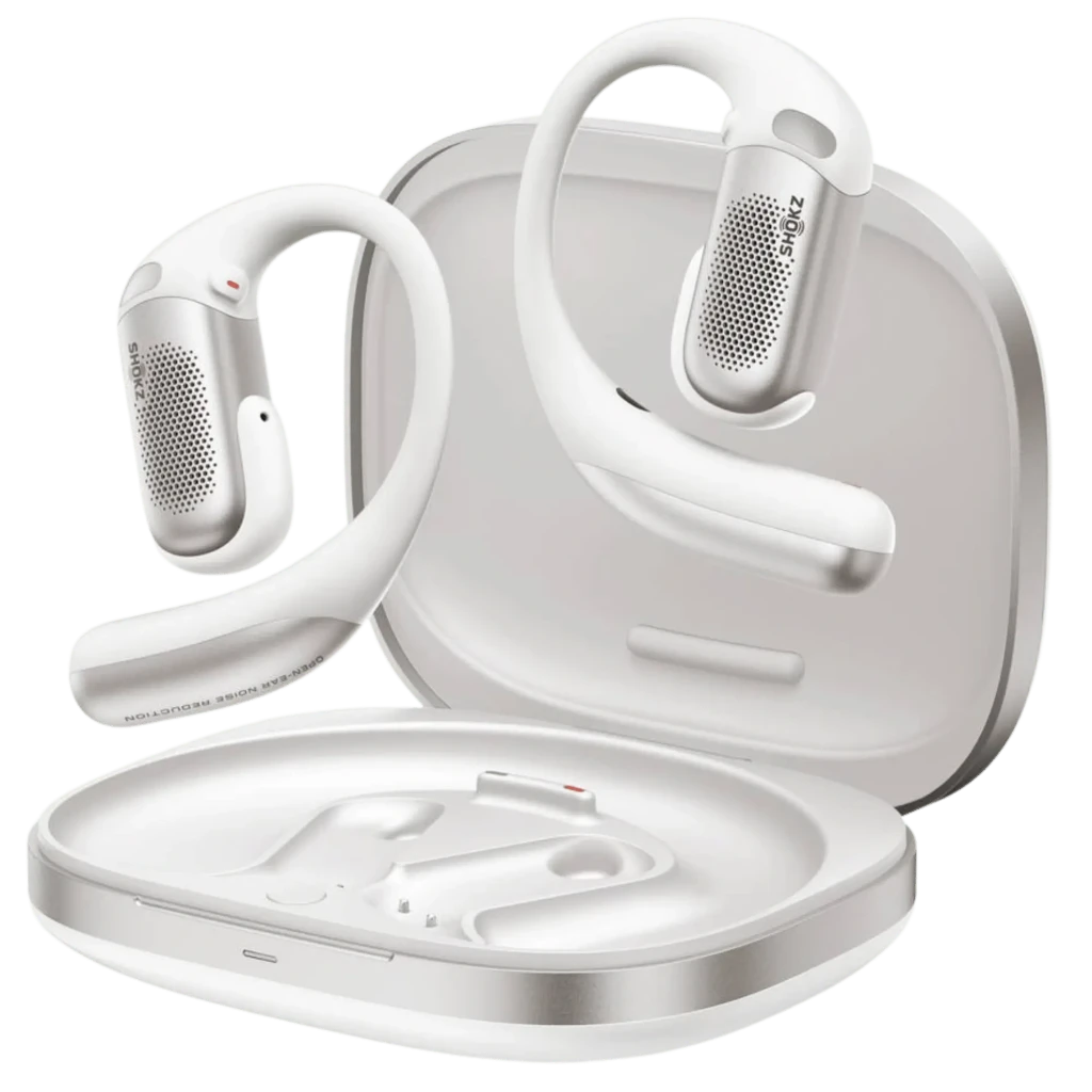 Auriculares Shokz OpenFit Pro blancos con diseño open ear, ganchos ergonómicos y estuche compacto blanco; rejillas metálicas visibles y acabado mate elegante - Ítem5