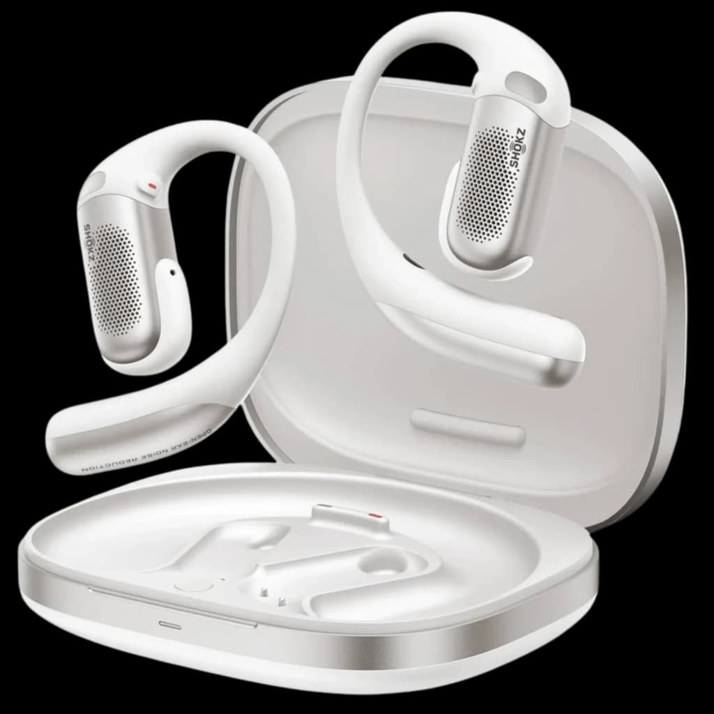 Auriculares Shokz OpenFit Pro blancos de diseño open-ear con ganchos ergonómicos, estuche de carga blanco magnético y rejillas metálicas en los audífonos