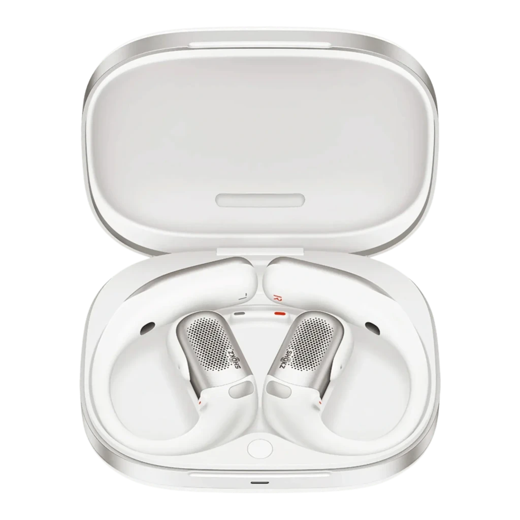 Auriculares Shokz OpenFit Pro blancos con diseño open ear, ganchos ergonómicos y estuche compacto blanco; rejillas metálicas visibles y acabado mate elegante - Ítem4