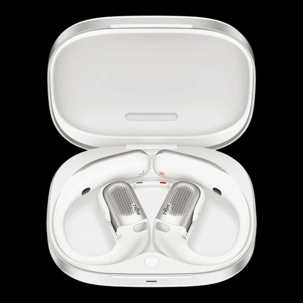 Auriculares Shokz OpenFit Pro blancos tipo open-ear con ganchos curvos, malla metálica en los drivers y estuche de carga compacto en acabado mate
