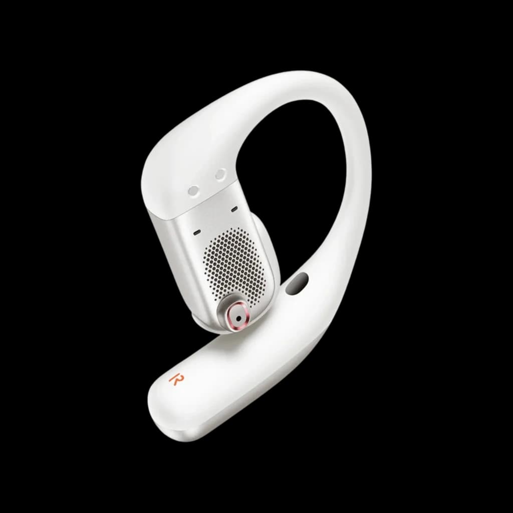 Auriculares Shokz OpenFit Pro blancos tipo open-ear con gancho ergonómico, rejilla metálica y detalle rojo R; diseño ligero y moderno Bluetooth 5.3