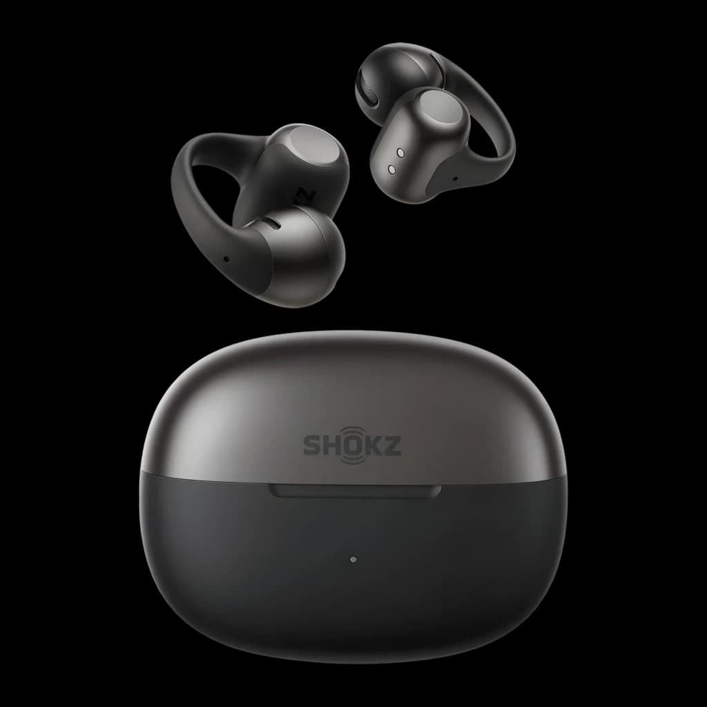Auriculares SHOKZ OpenDots 2 negros con diseño open ear tipo clip, dos earbuds ergonómicos con micrófonos y estuche de carga compacto bicolor con logo SHOKZ