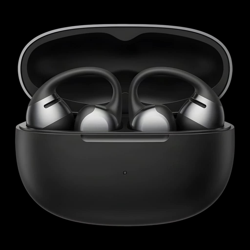 Auriculares SHOKZ OpenDots 2 negros con diseño open-ear tipo clip, acabado mate, estuche de carga compacto, 10 h de uso más 40 h con estuche