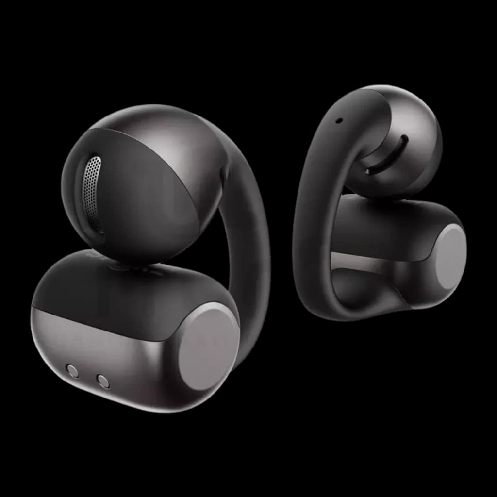 Auriculares SHOKZ OpenDots 2 negros, diseño open-ear tipo clip, compactos y curvos con rejilla lateral y botones frontales; estuche ofrece carga adicional