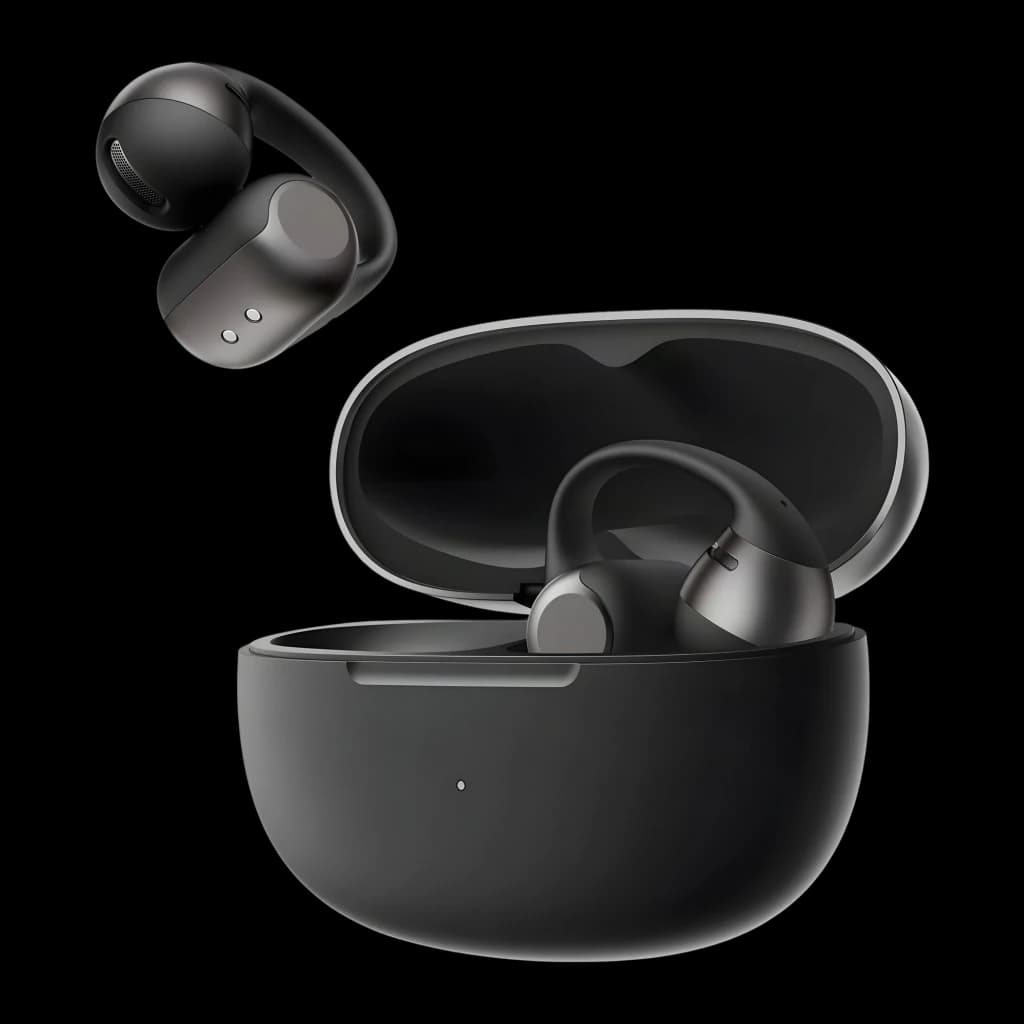 Auriculares SHOKZ OpenDots 2 negros open ear con clip, diseño compacto y estuche de carga mate con LED. Bluetooth 6.1, 10 h + 40 h con estuche