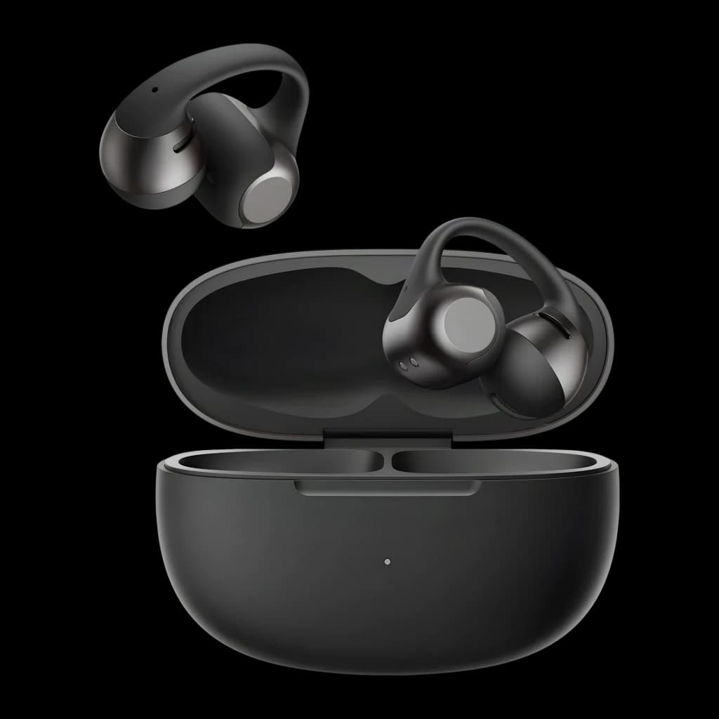 Auriculares SHOKZ OpenDots 2 negros con diseño open-ear tipo clip y almohadillas redondeadas, estuche de carga magnético compacto en negro mate
