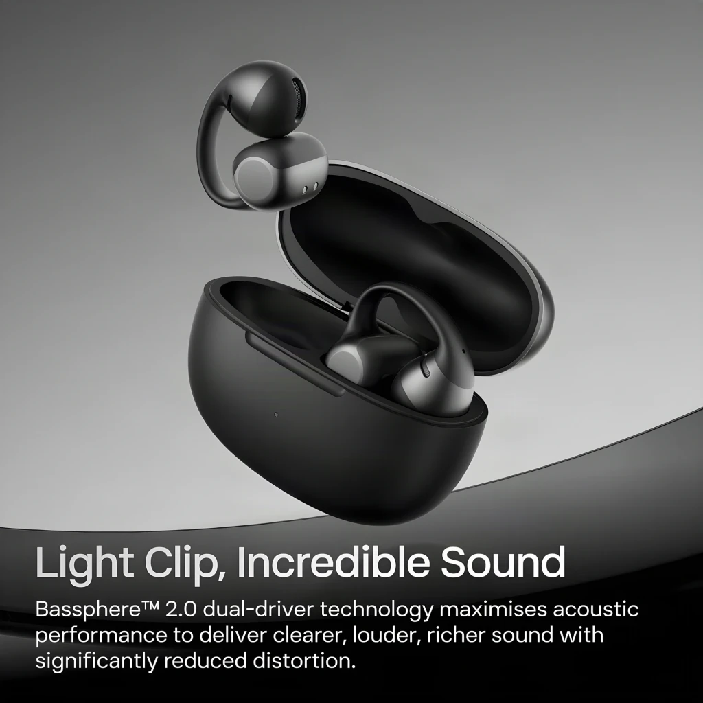 Auriculares SHOKZ OpenDots 2 negros con diseño open ear tipo clip, dos earbuds ergonómicos con micrófonos y estuche de carga compacto bicolor con logo SHOKZ - Ítem1