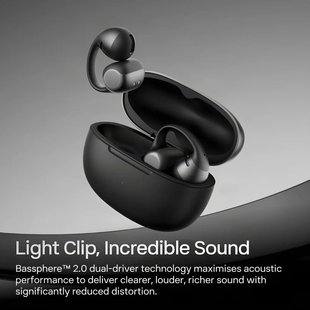 Auriculares SHOKZ OpenDots 2 negros estilo open‑ear con clip; estuche de carga compacto; drivers duales Basssphere 2.0; acabado mate elegante