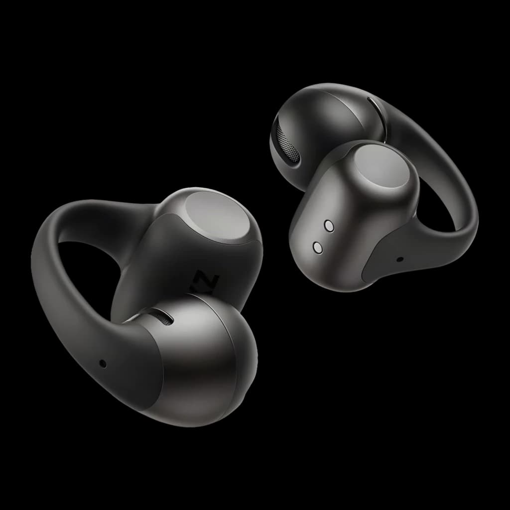 Auriculares SHOKZ OpenDots 2 negros tipo clip open-ear, diseño curvo minimalista, botones laterales, rejillas visibles, base magnética y acabado mate