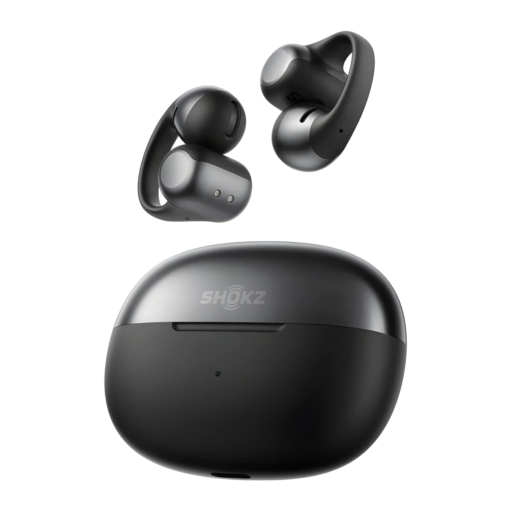 Auriculares SHOKZ OpenDots 2 negros con diseño open ear tipo clip, dos earbuds ergonómicos con micrófonos y estuche de carga compacto bicolor con logo SHOKZ - Ítem7