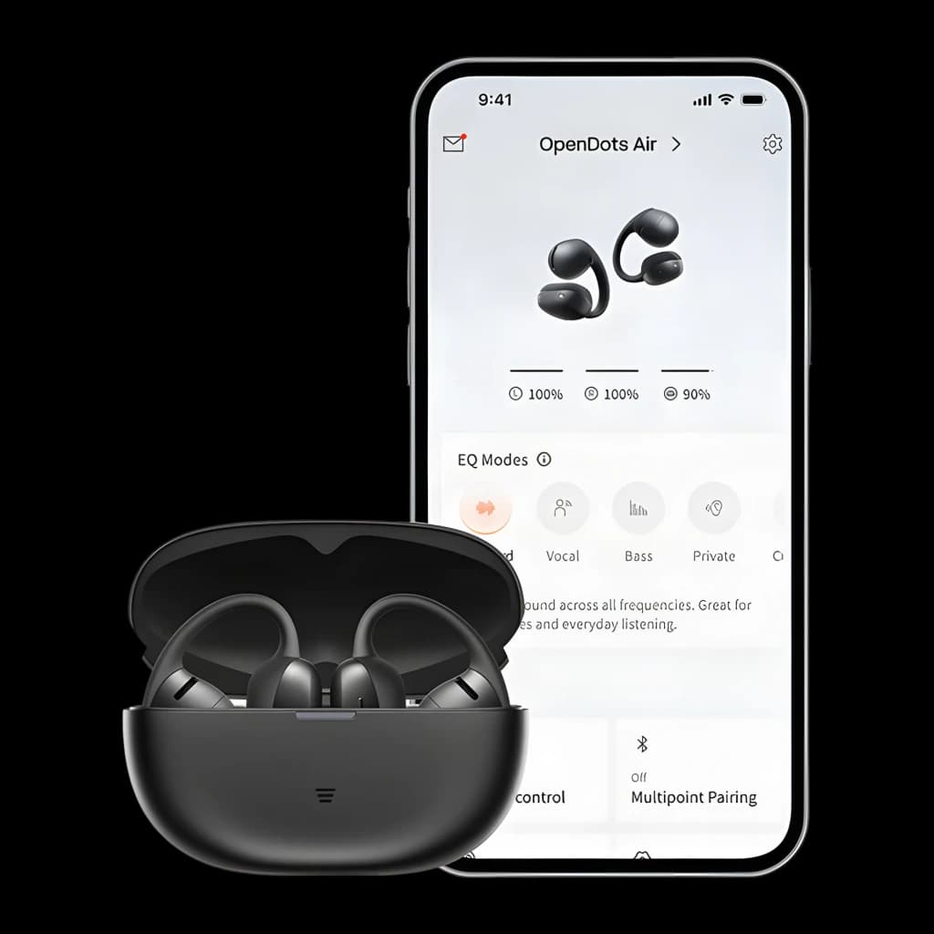 Auriculares SHOKZ OpenDots Air open-ear negros con estuche de carga; diseño compacto, ganchos curvos, Bluetooth 6.1, 36 h de batería y controles en app