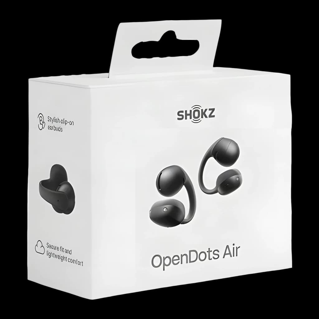 Auriculares SHOKZ OpenDots Air negros con diseño open-ear, almohadillas ergonómicas, estuche compacto y conexión Bluetooth 6.1, hasta 36 h de uso