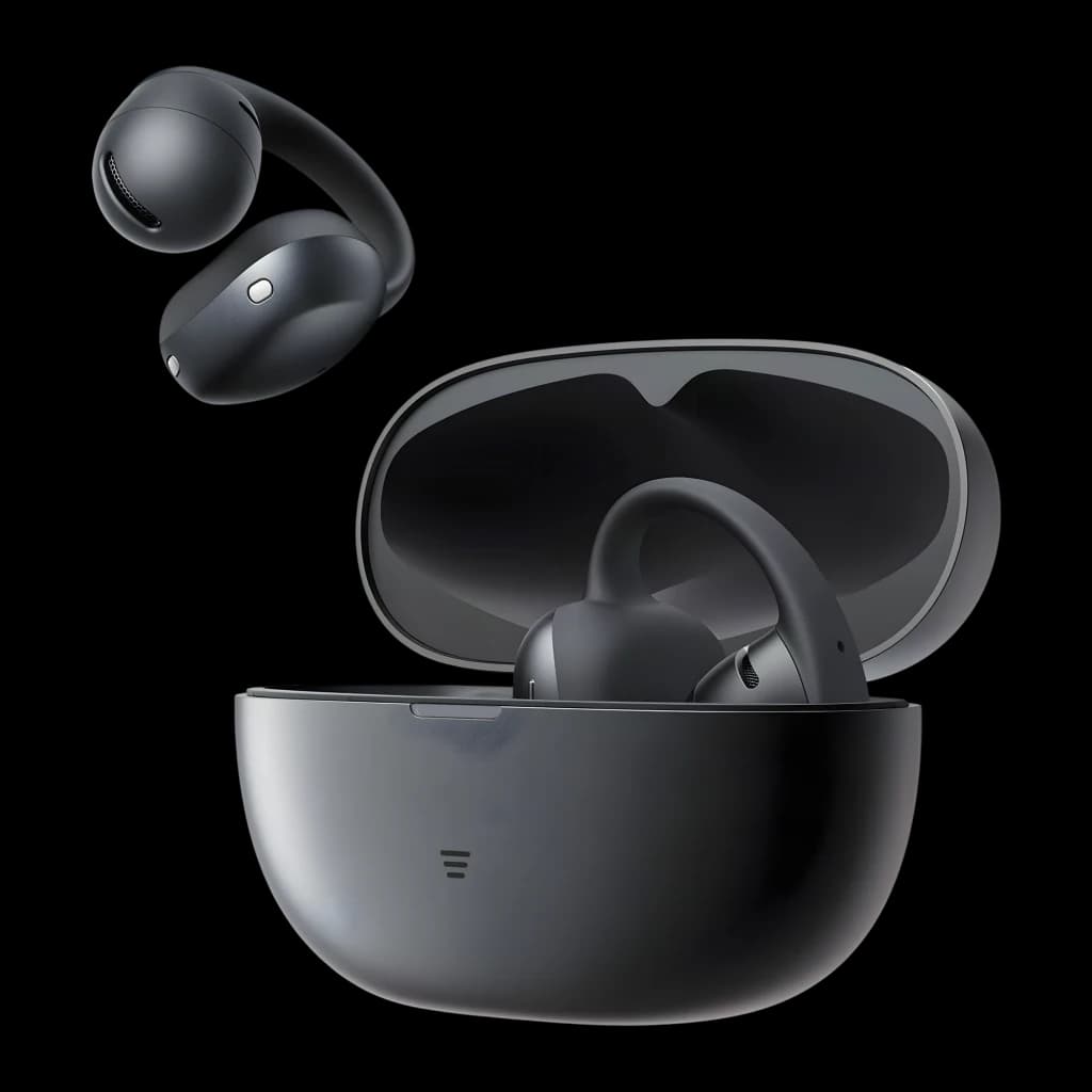 Auriculares SHOKZ OpenDots Air open-ear negros con estuche de carga; diseño compacto y curvo, dos earbuds visibles, acabado mate y LED indicador
