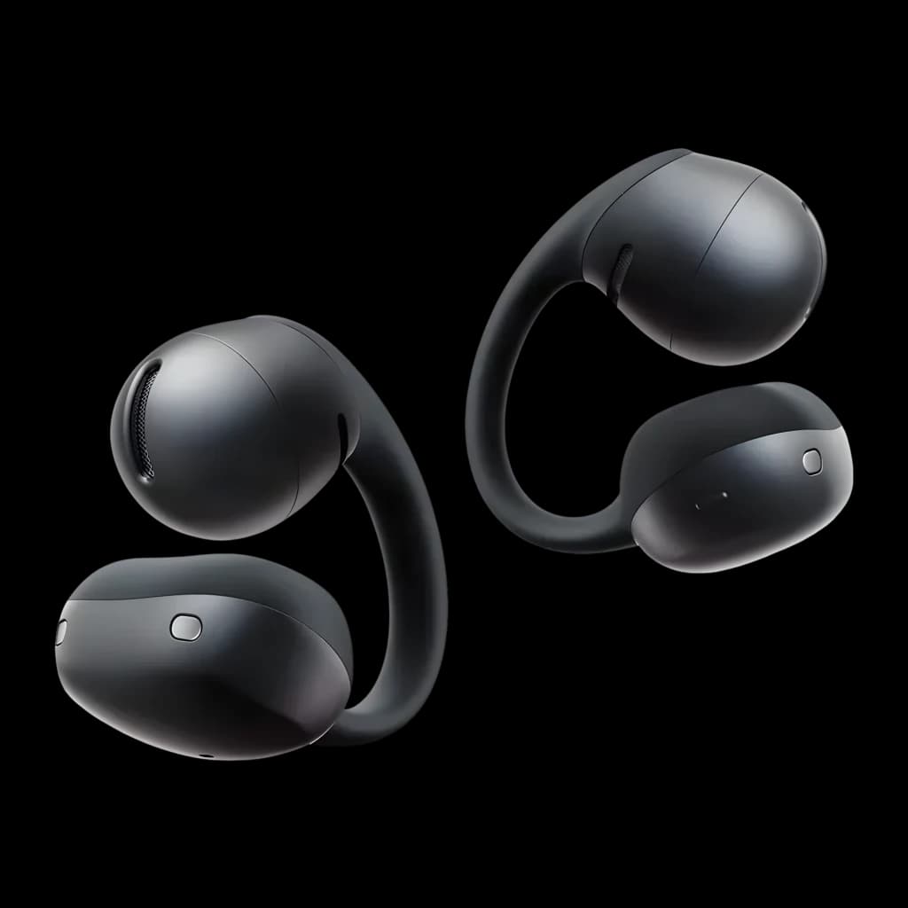 Auriculares SHOKZ OpenDots Air Open-Ear Bluetooth 6.1 en color negro, diseño abierto sin tapones, curvos y compactos, con micrófono y botones integrados