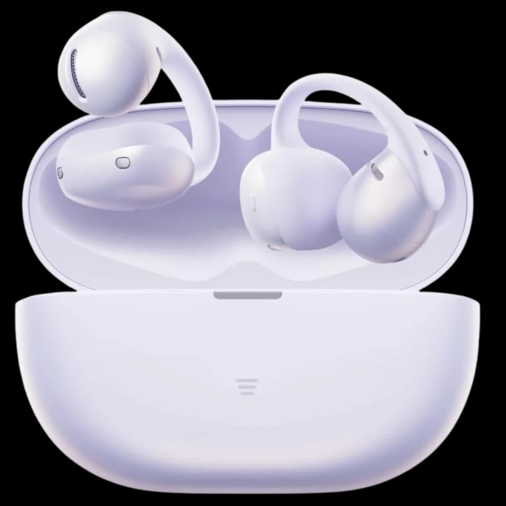 Auriculares SHOKZ OpenDots Air open ear en color púrpura con estuche de carga compacto, diseño curvo ligero, ganchos ergonómicos y acabado mate elegante
