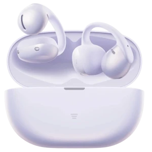 Auriculares SHOKZ OpenDots Air open ear en color púrpura con estuche de carga compacto, diseño curvo ligero, ganchos ergonómicos y acabado mate elegante