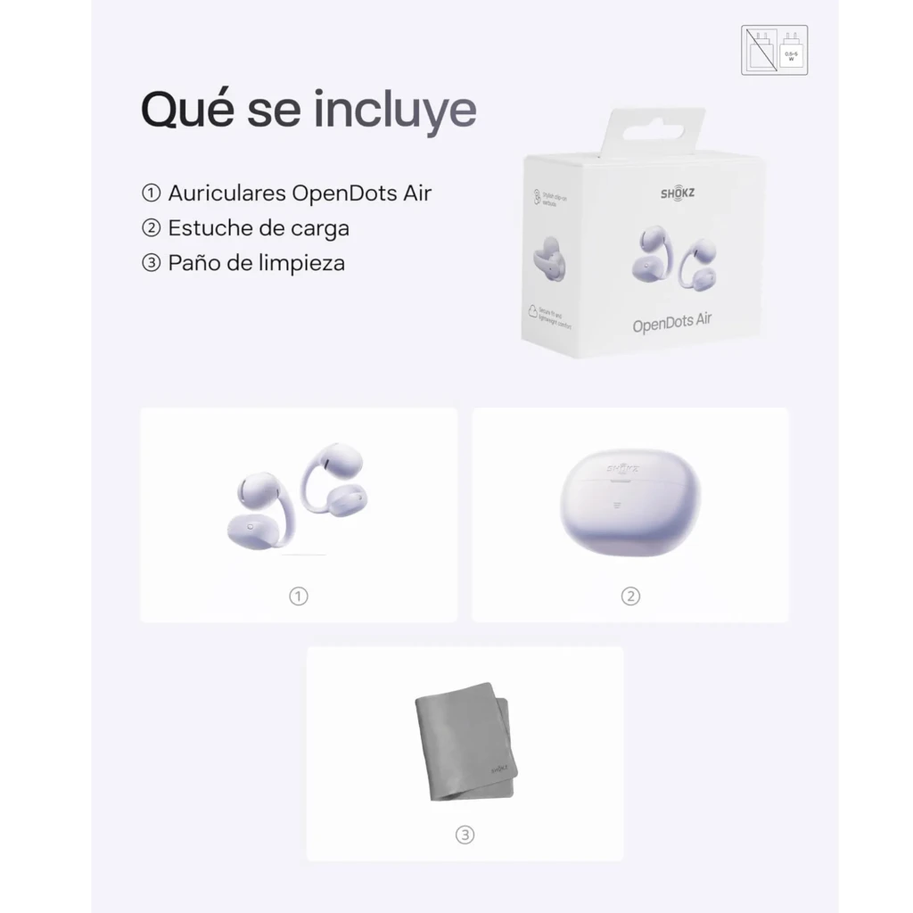 Auriculares SHOKZ OpenDots Air open ear en color púrpura con estuche de carga compacto, diseño curvo ligero, ganchos ergonómicos y acabado mate elegante - Ítem10