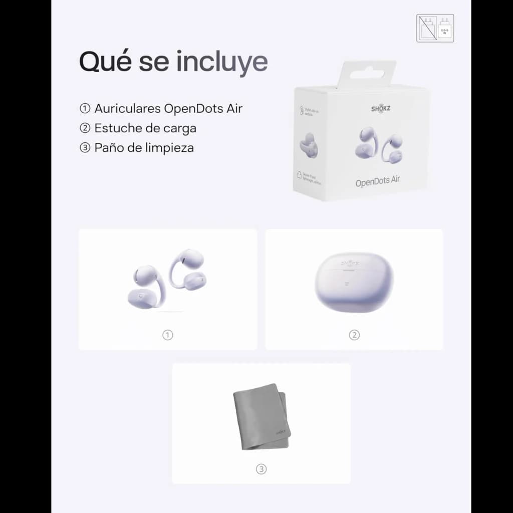 Auriculares SHOKZ OpenDots Air púrpura con diseño open ear, estuche de carga compacto y paño de limpieza incluidos; Bluetooth 6.1 y hasta 36 h de uso