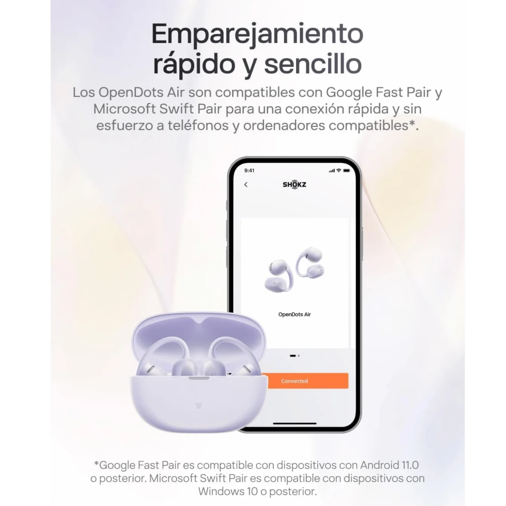 Auriculares SHOKZ OpenDots Air open ear en color púrpura con estuche de carga compacto, diseño curvo ligero, ganchos ergonómicos y acabado mate elegante - Ítem9