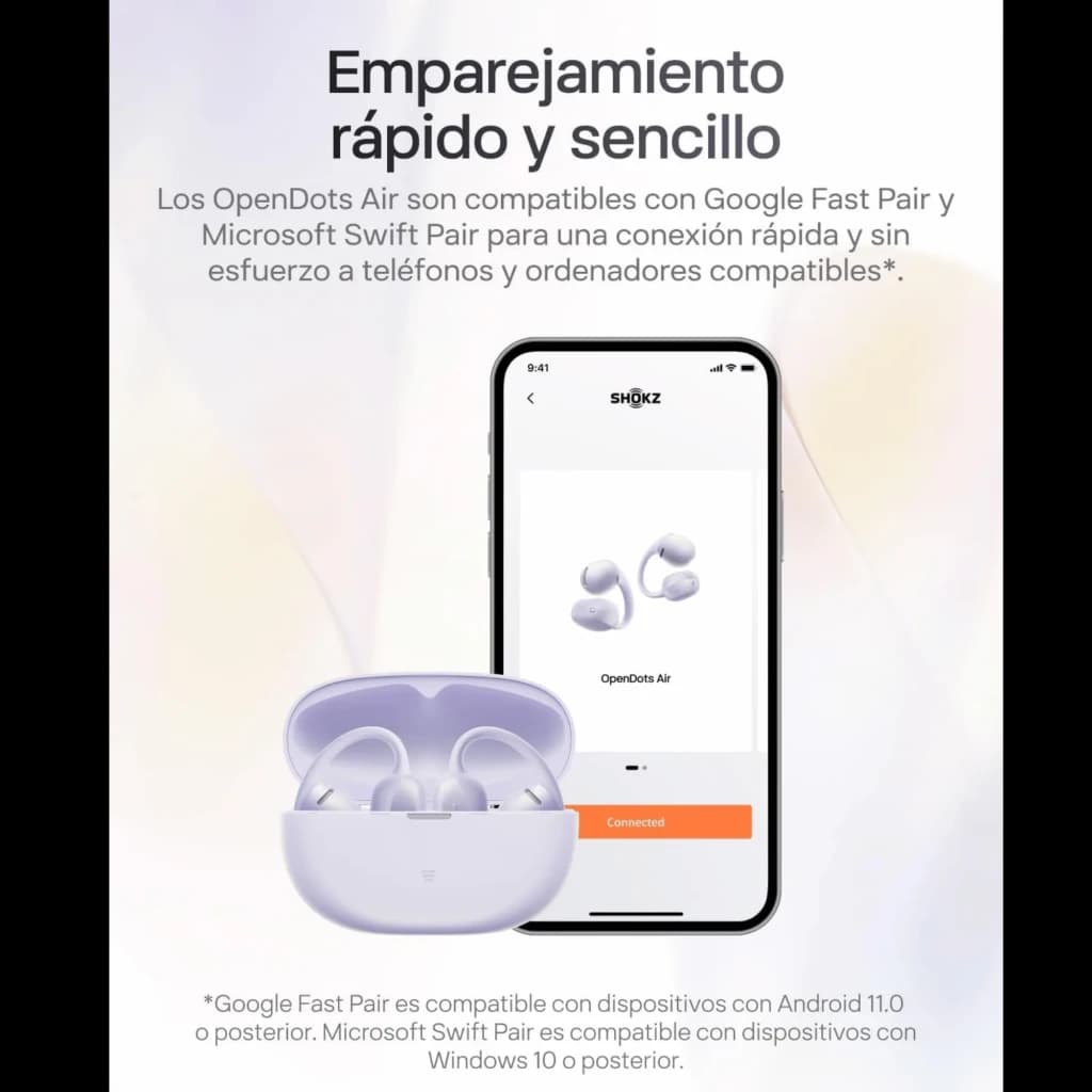 Auriculares SHOKZ OpenDots Air open-ear en color púrpura con estuche de carga a juego; diseño compacto, puntas ergonómicas y conectividad Bluetooth 6.1