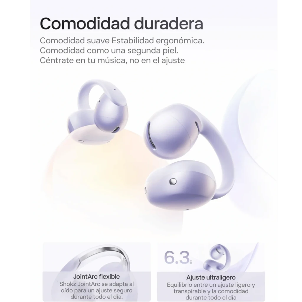 Auriculares SHOKZ OpenDots Air open ear en color púrpura con estuche de carga compacto, diseño curvo ligero, ganchos ergonómicos y acabado mate elegante - Ítem8