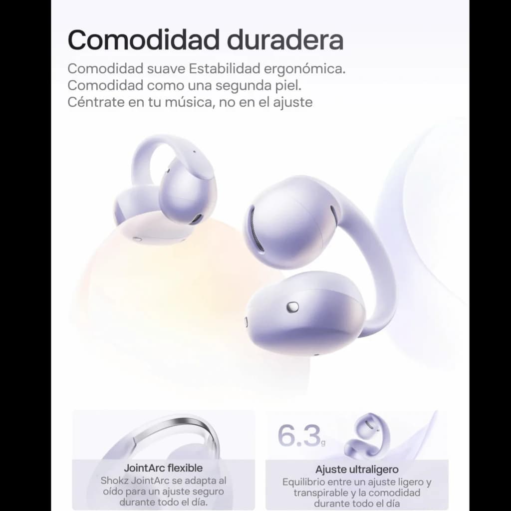 Auriculares SHOKZ OpenDots Air púrpura estilo open-ear con diseño ergonómico, botones visibles y acabado mate suave; ultraligeros 6.3 g y estuche a juego