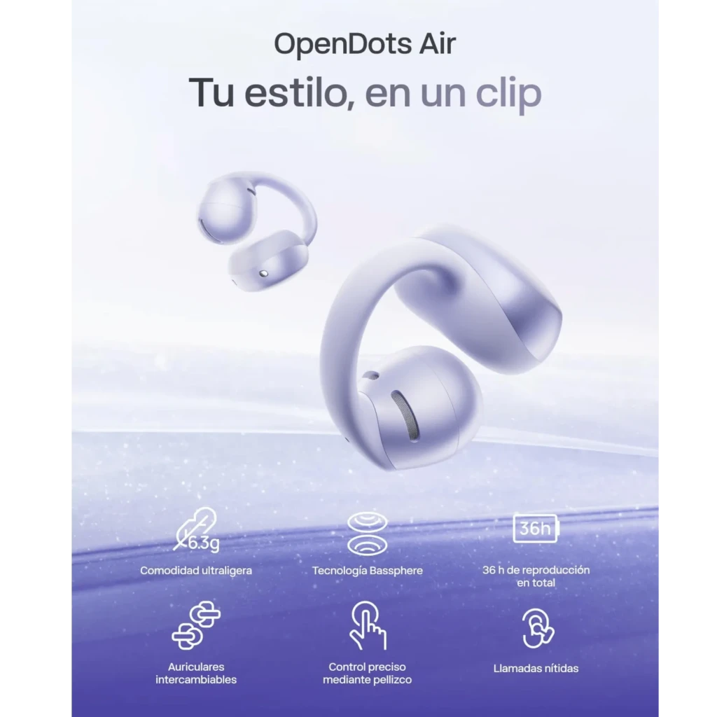 Auriculares SHOKZ OpenDots Air open ear en color púrpura con estuche de carga compacto, diseño curvo ligero, ganchos ergonómicos y acabado mate elegante - Ítem7
