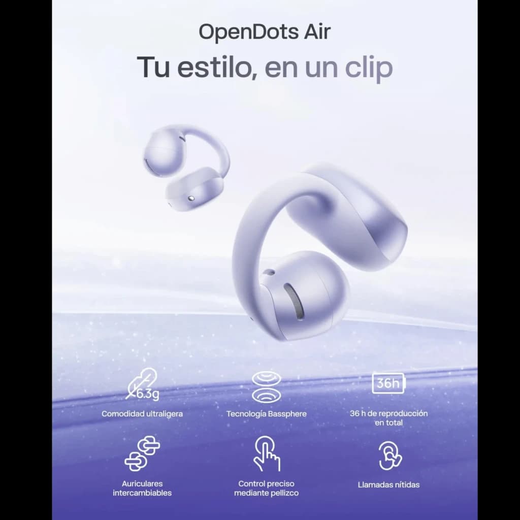 Auriculares SHOKZ OpenDots Air open ear en color púrpura, diseño ultraligero con clip ergonómico, almohadillas intercambiables y micrófono para llamadas