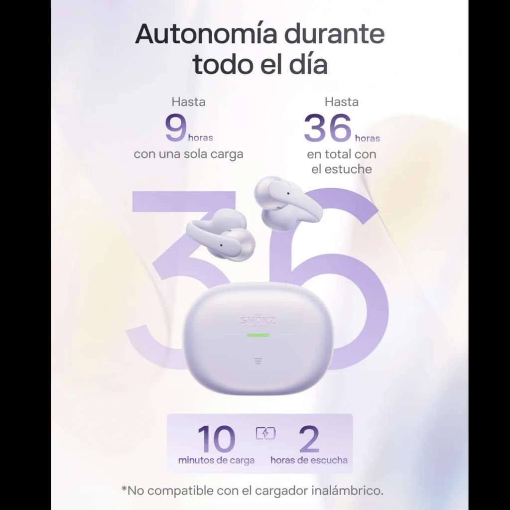 Auriculares SHOKZ OpenDots Air Open-Ear Bluetooth 6.1 en púrpura con estuche compacto, luz LED frontal y gomas intrauditivas; hasta 36 h de batería