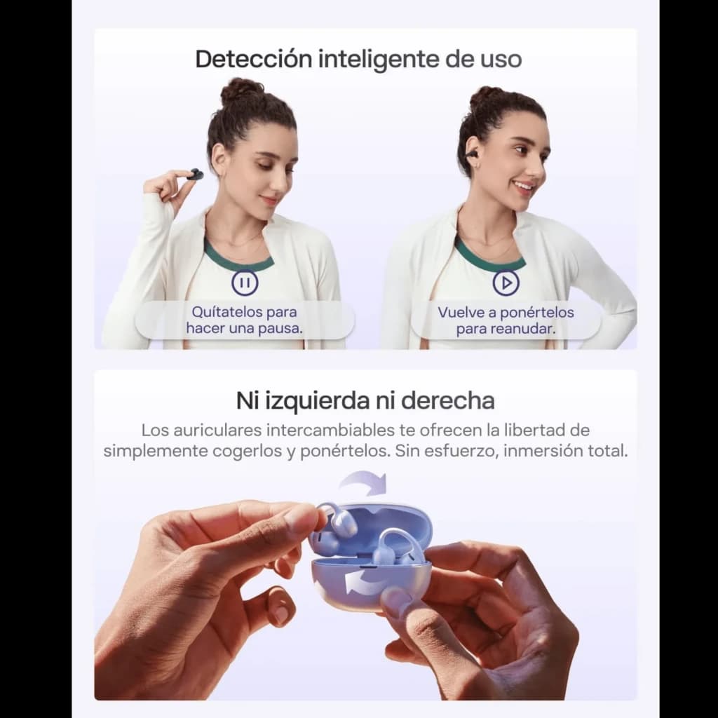 Auriculares SHOKZ OpenDots Air púrpura, diseño open-ear compacto. Estuche magnético con LED, almohadillas intercambiables y control táctil. Bluetooth 6.1,