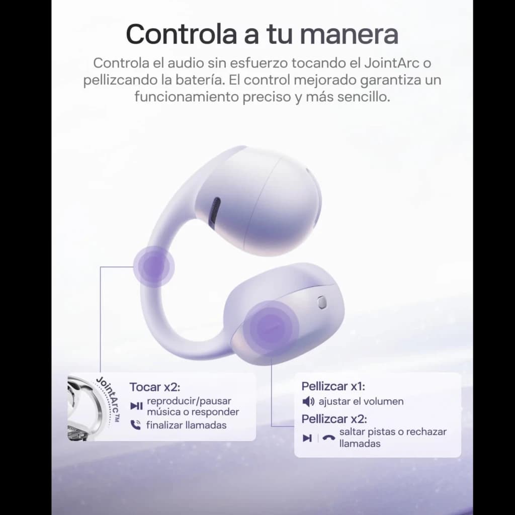 Auriculares SHOKZ OpenDots Air Open-Ear Bluetooth 6.1 en púrpura con diseño de aro abierto, botones táctiles para música y llamadas, hasta 36 h de uso