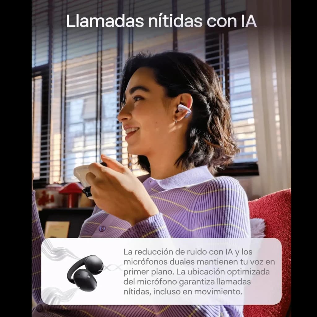 Auriculares SHOKZ OpenDots Air open ear color púrpura con micrófonos duales y cancelación de ruido, diseño ligero, control táctil y estuche de carga