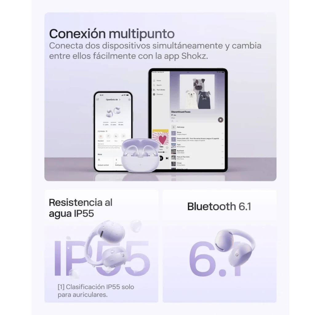 Auriculares SHOKZ OpenDots Air open ear en color púrpura con estuche de carga compacto, diseño curvo ligero, ganchos ergonómicos y acabado mate elegante - Ítem1