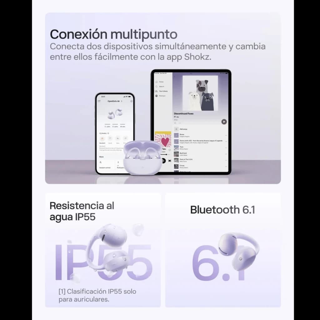 Auriculares SHOKZ OpenDots Air open ear en color púrpura con estuche a juego, diseño compacto, Bluetooth 6.1, resistencia al agua IP55 y hasta 36 h de