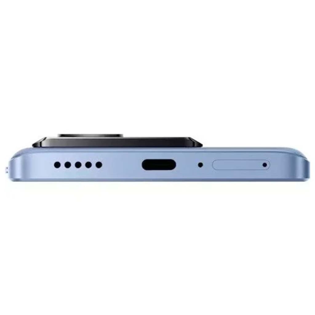 Borde inferior del Xiaomi 13T 5G azul: puerto USB-C centrado, rejilla de altavoz, micrófono y bandeja SIM. Acabado metálico, cámara trasera sobresaliente.