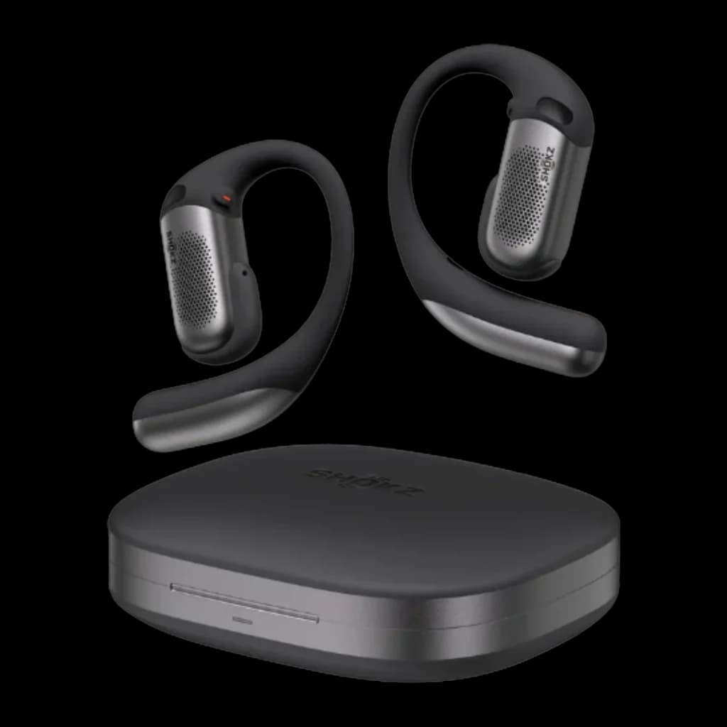 Auriculares Shokz OpenFit Pro negros de diseño open-ear con ganchos ergonómicos, rejilla metálica en cada cápsula y estuche de carga compacto y mate