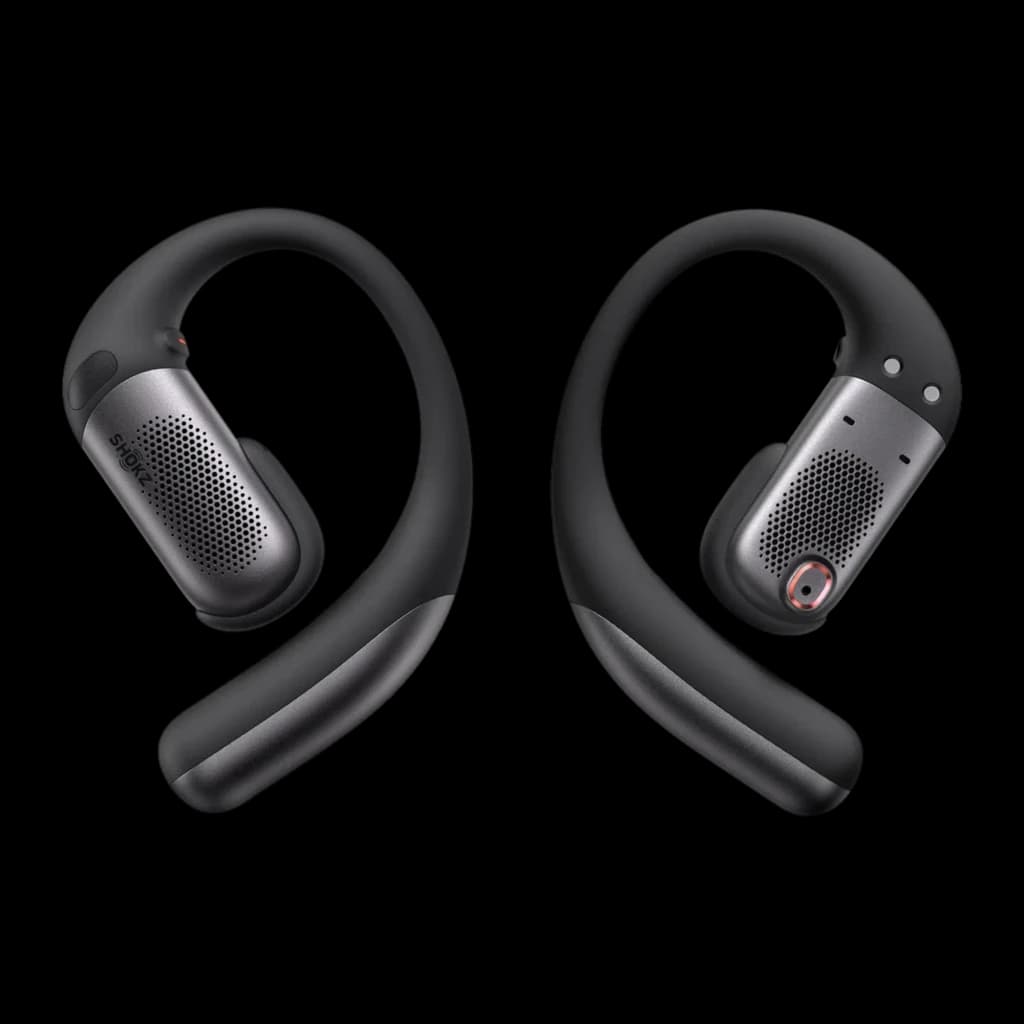 Auriculares Shokz OpenFit Pro negros de diseño open-ear con ganchos ergonómicos, rejillas metálicas y estuche compacto; Bluetooth 5.3, hasta 12h/50h batería