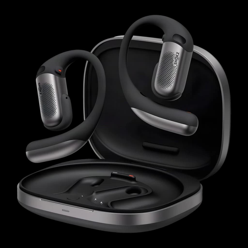Auriculares Shokz OpenFit Pro negros de diseño open-ear con ganchos ergonómicos, malla metálica en los drivers y estuche de carga compacto y curvo