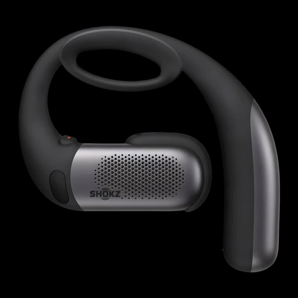 Auriculares Shokz OpenFit Pro negros de diseño open-ear, gancho ergonómico, rejilla metálica con logo Shokz, botón lateral y acabado mate elegante