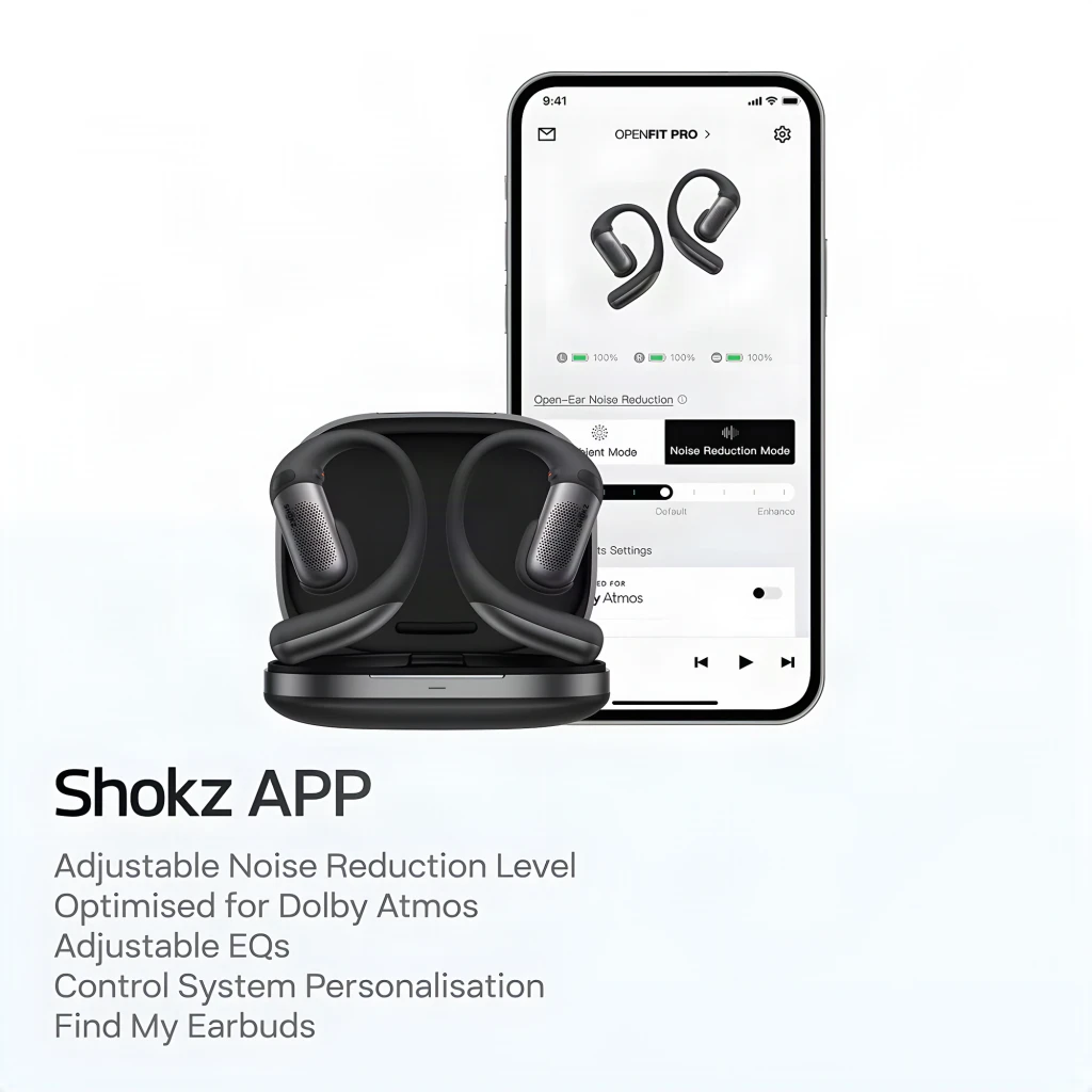 Auriculares Shokz OpenFit Pro blancos con diseño open ear, ganchos ergonómicos y estuche compacto blanco; rejillas metálicas visibles y acabado mate elegante - Ítem1