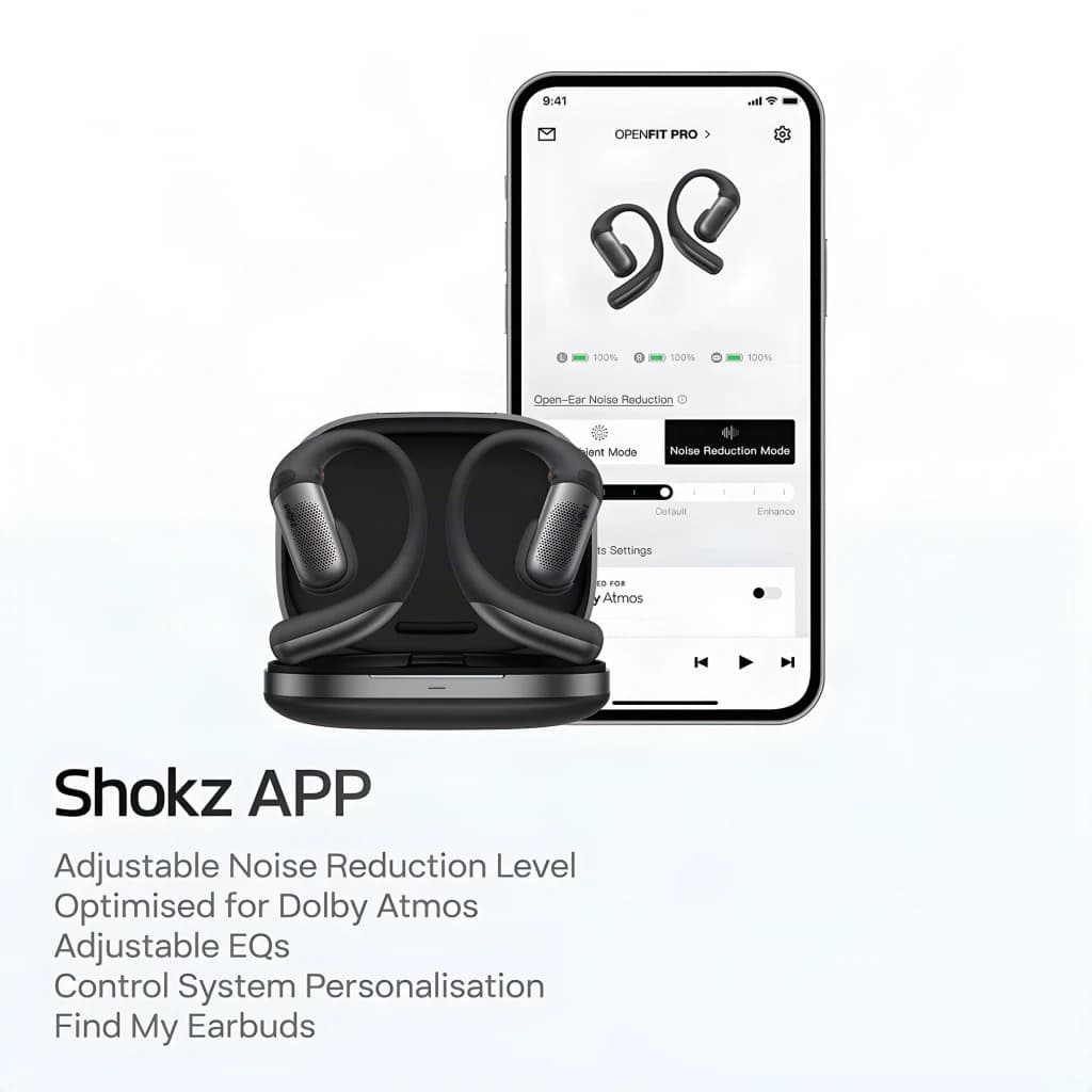 Auriculares Shokz OpenFit Pro negros con diseño open ear, ganchos ajustables y estuche de carga; app con ANC ajustable, EQ y compatibilidad Dolby Atmos